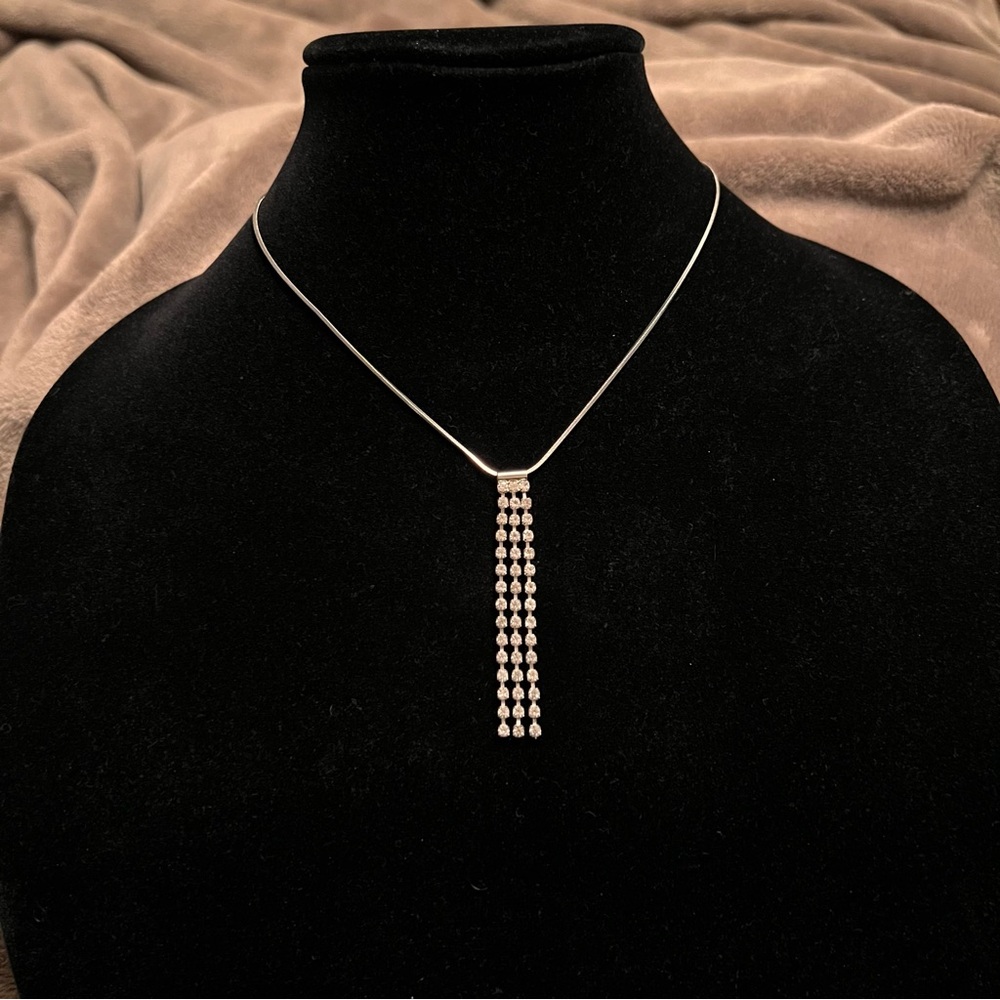 VINTAGE Silver Dangle Necklace with Baguette Fringe Crystal Rhinestone Pendant